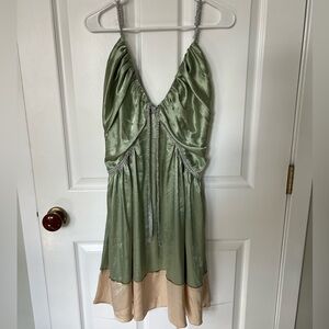 Chloé Silk Dress - Green and Tan, Grecian Style, Plunge Neckline, Size 6